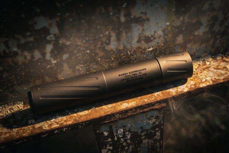 Black cylindrical suppressor resting on a rusted metal ledge, with faint smoke and the label 'BANISH SUPPRESSORS' visible on its body