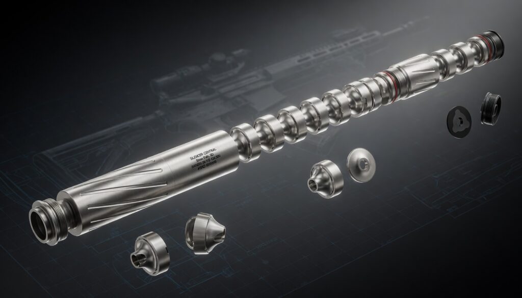 Exploded view of a silver precision tool showing internal shaft, bearings and end caps separated.
