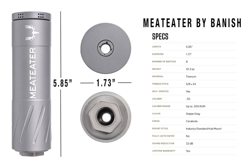 MeatEater by Banish product diagram showing a silver suppressor with a specs panel on the right including length and diameter values.