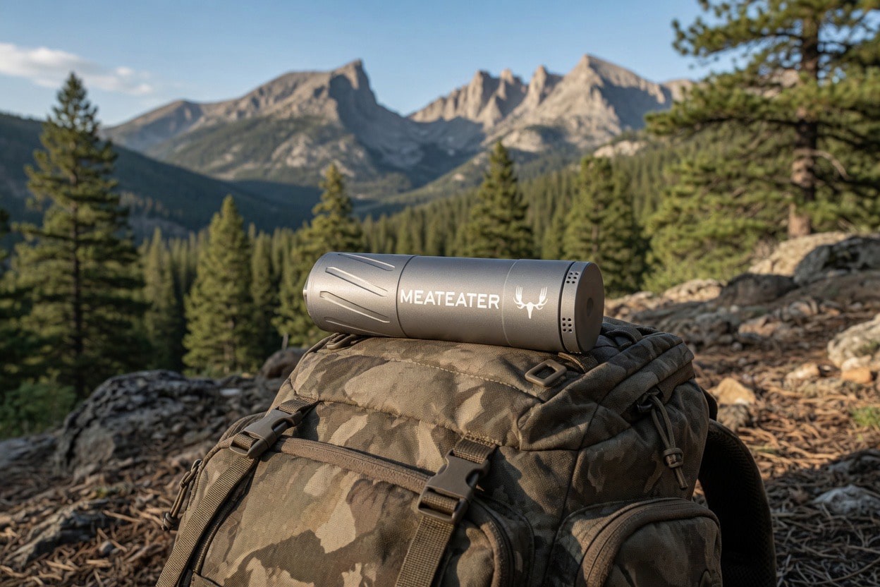 The MeatEater by BANISH titanium .30-caliber suppressor resting on a camouflage backpack, with rugged backcountry mountains and pine timber behind it.