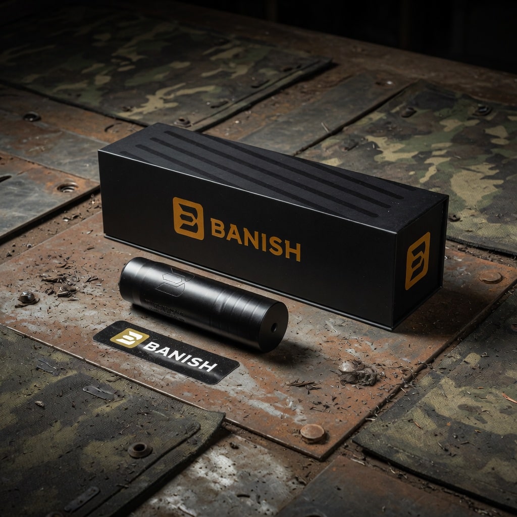 Black cylindrical Banish device with gold logo and matching black box on a rugged metal surface with a Banish sticker nearby.