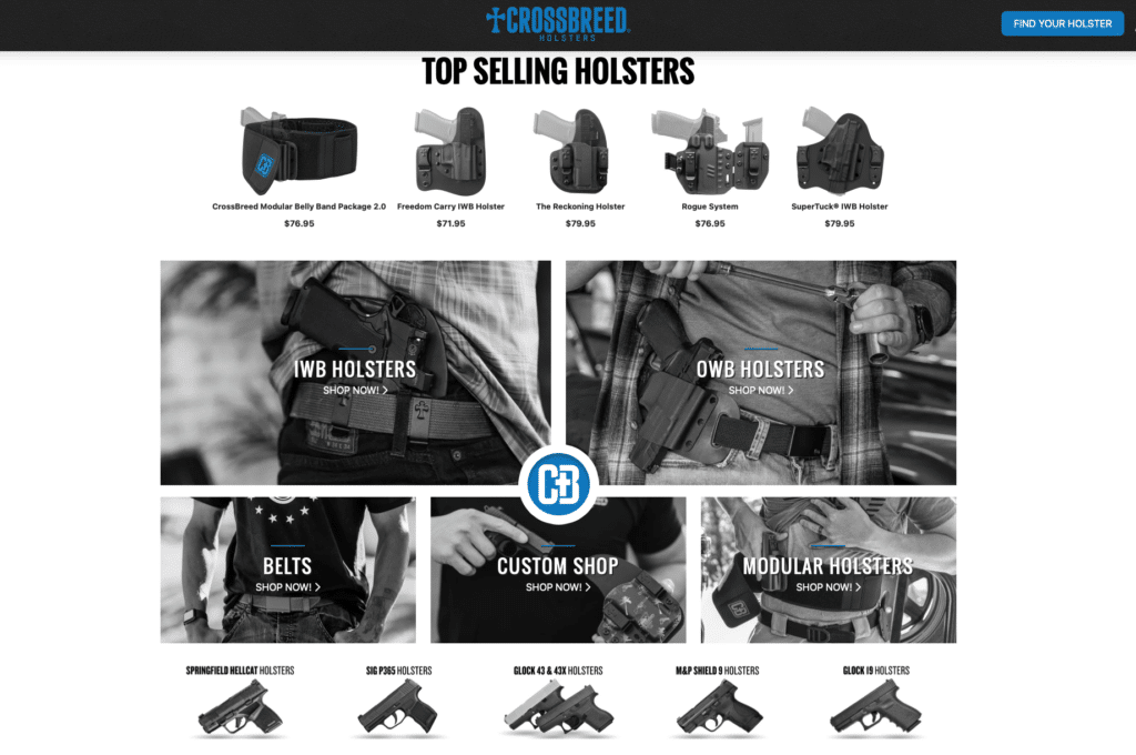 Crossbreed Holsters 0 gift card — Top selling holsters banner with five product images and prices displayed under a bold header: CrossBreed, Freedom Carry, The Reckoning, Rogue System, SuperTuck holsters (pricing shown).