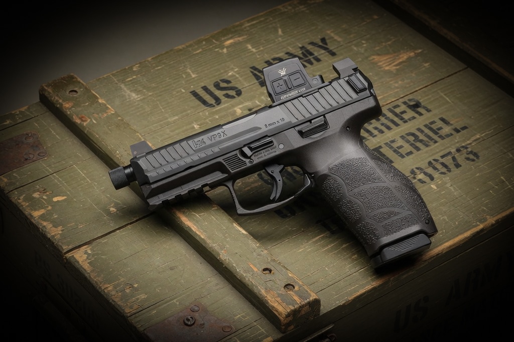 HK VP9A1 X Tactical — Semi-automatic pistol with textured grip and red-dot sight resting on a weathered green wooden crate marked'US ARMY'.