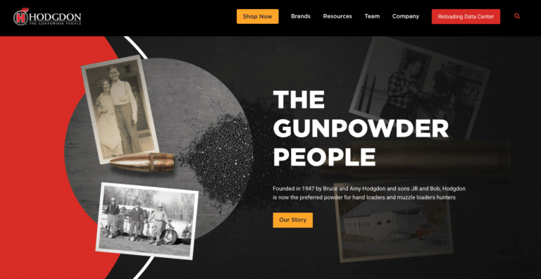 Hero banner featuring Hodgdon: 'The Gunpowder People' with historical photos and a bold CTA 'Our Story'