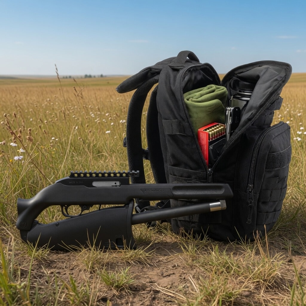 Black rifle in front of a partially open tactical backpack filled with gear, set in a grassy field under a clear sky.