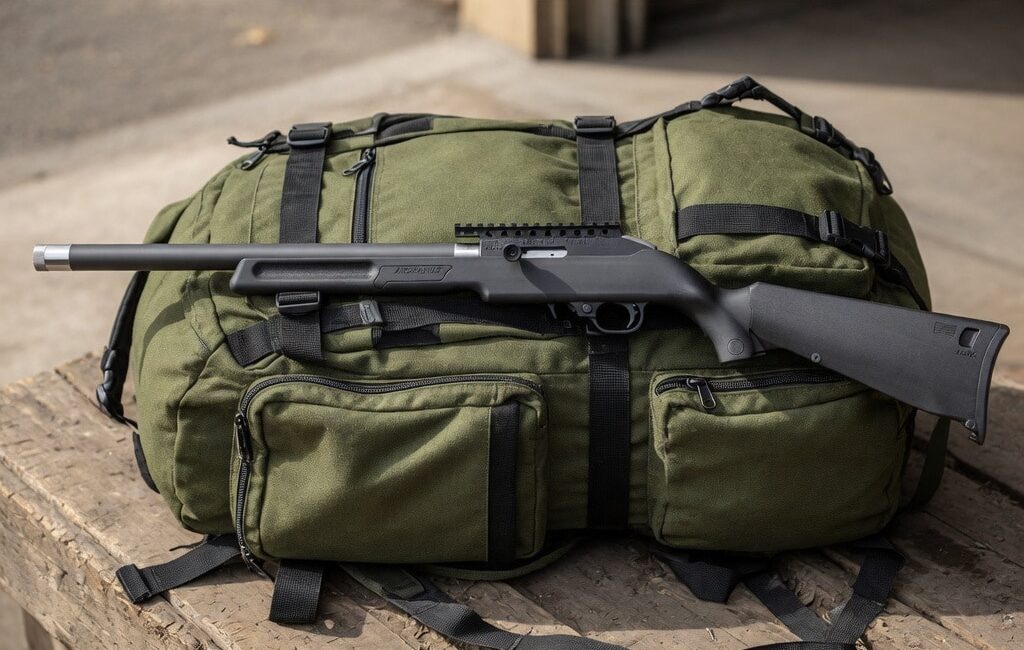 Magnum Research switch bolt on backpack - PopularSuppressors Bolt-action rifle with a black synthetic stock resting on a green tactical duffel bag on a wooden surface outdoors