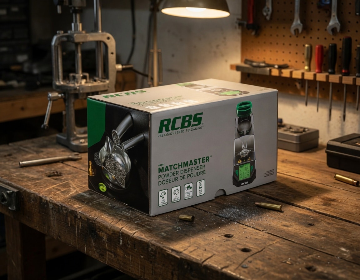 Box of RCBS MatchMaster powder dispenser on a wooden workbench in a workshop with tools in the background (drill press, wrenches).