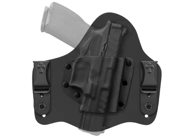 STH-a5c07fef-desktop-768-550 - PopularSuppressors Black external gun holster with a semi-automatic pistol seated in the retention area, mounted on a belt system.