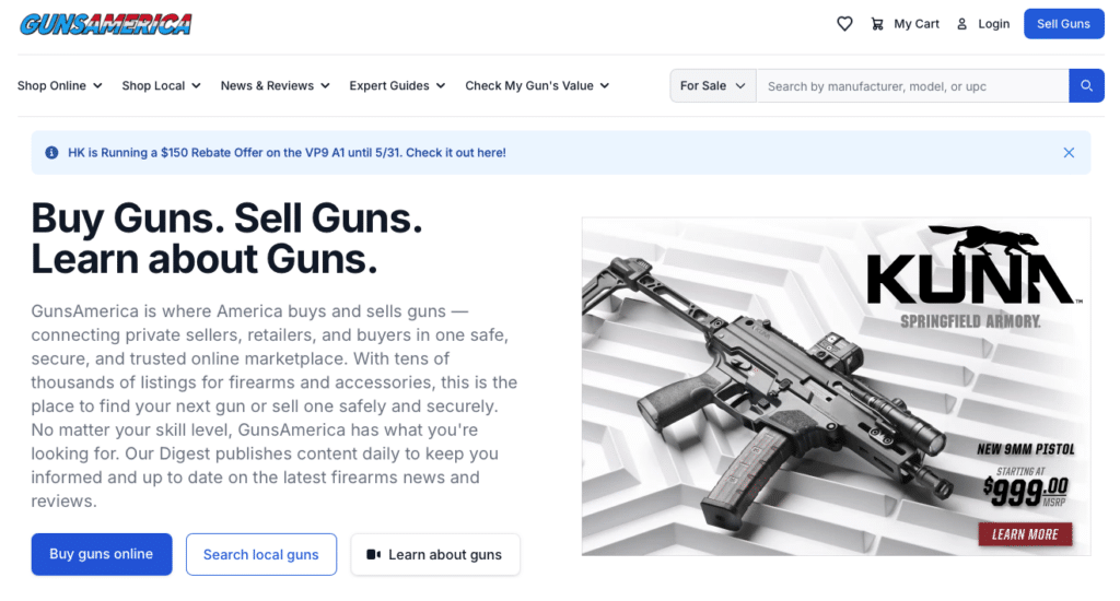 GunsAmerica homepage hero: left side has the bold headline 'Buy Guns. Sell Guns. Learn about Guns.' with a descriptive paragraph; right side displays a rifle advertisement.