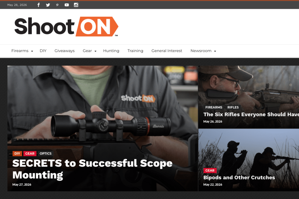 Hero collage from Shoot ON: man aiming a rifle with scope, article title 'SECRETS to Successful Scope Mounting' and date May 27, 2026.