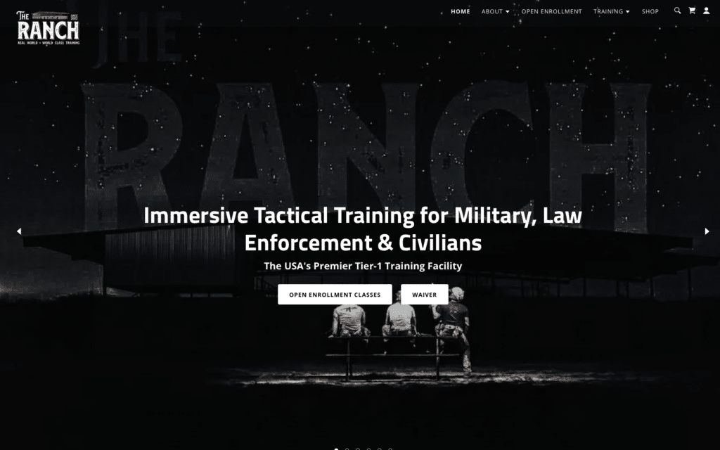 Hero banner for The Ranch training site with bold white headline: “Immersive Tactical Training for Military, Law Enforcement & Civilians” and supporting subtitle; dark background with silhouettes and two call-to-action buttons: Open Enrollment Classes and Waiver.