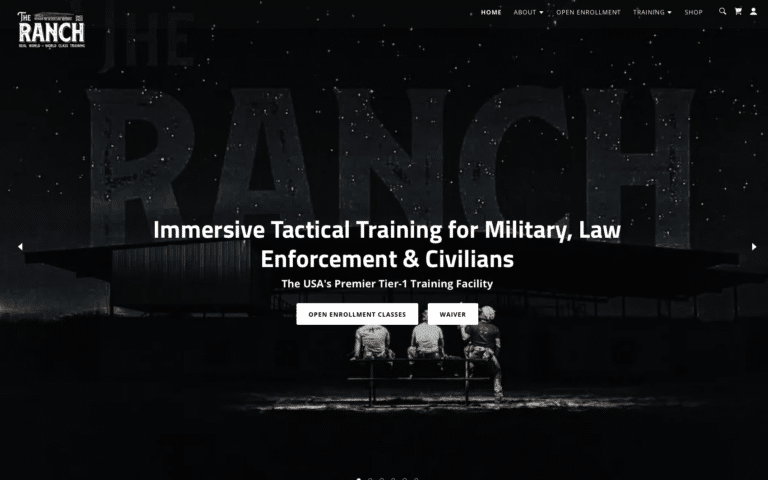 Hero banner for The Ranch training site with bold white headline: “Immersive Tactical Training for Military, Law Enforcement & Civilians” and supporting subtitle; dark background with silhouettes and two call-to-action buttons: Open Enrollment Classes and Waiver.