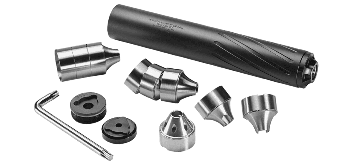 Handheld rotary tool with multiple metal burrs and a wrench laid out for polishing and cutting tasks.