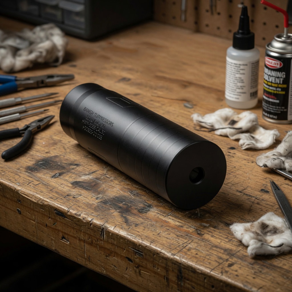 Black cylindrical firearm suppressor resting on a wooden workbench with pliers and cleaning supplies nearby.