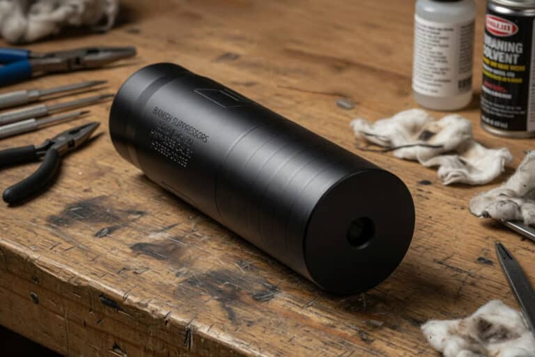 Black cylindrical metal component on a wooden workbench with pliers and cleaning supplies nearby.