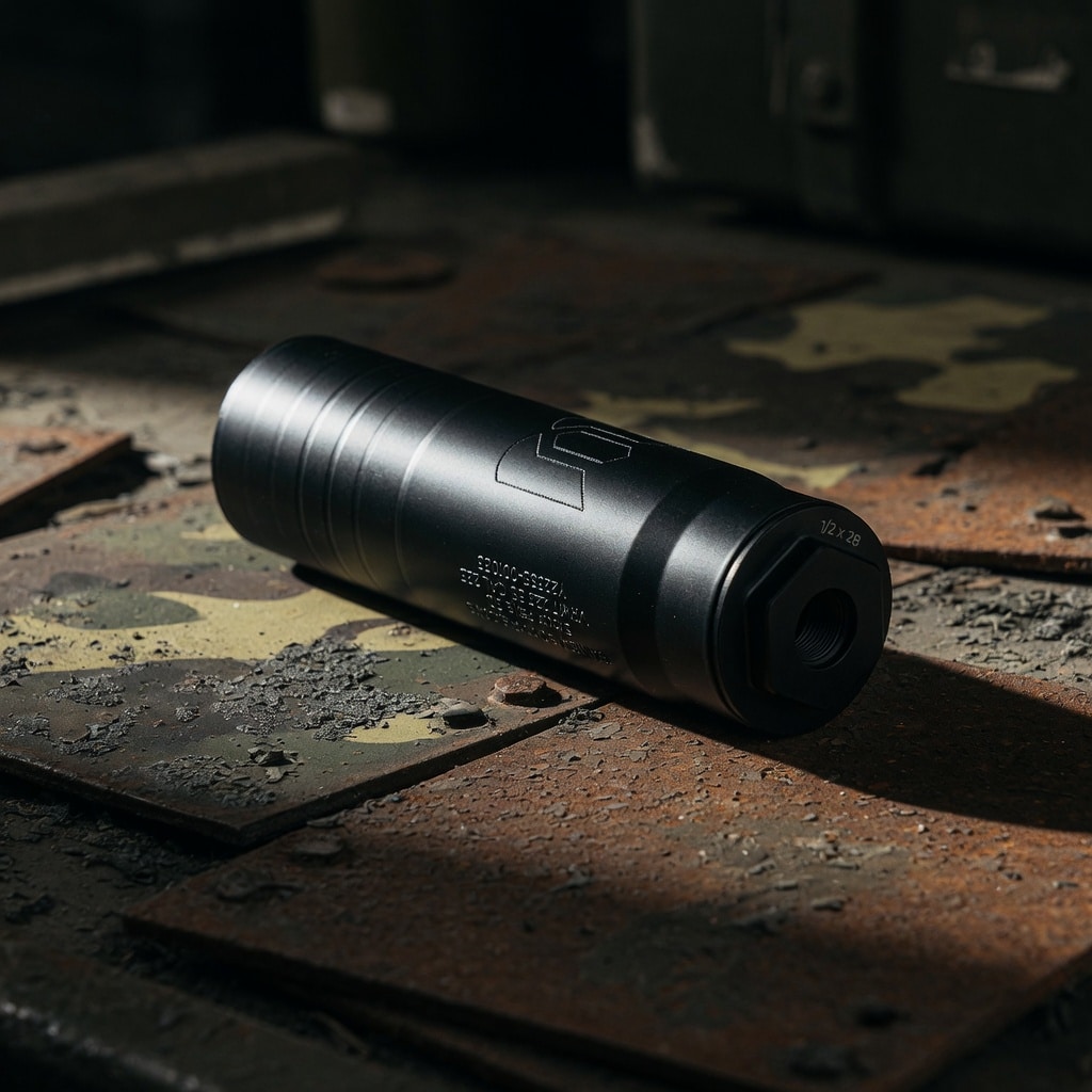 Black matte metal cylinder with threaded end resting on a worn, rusted metal surface (informative object).