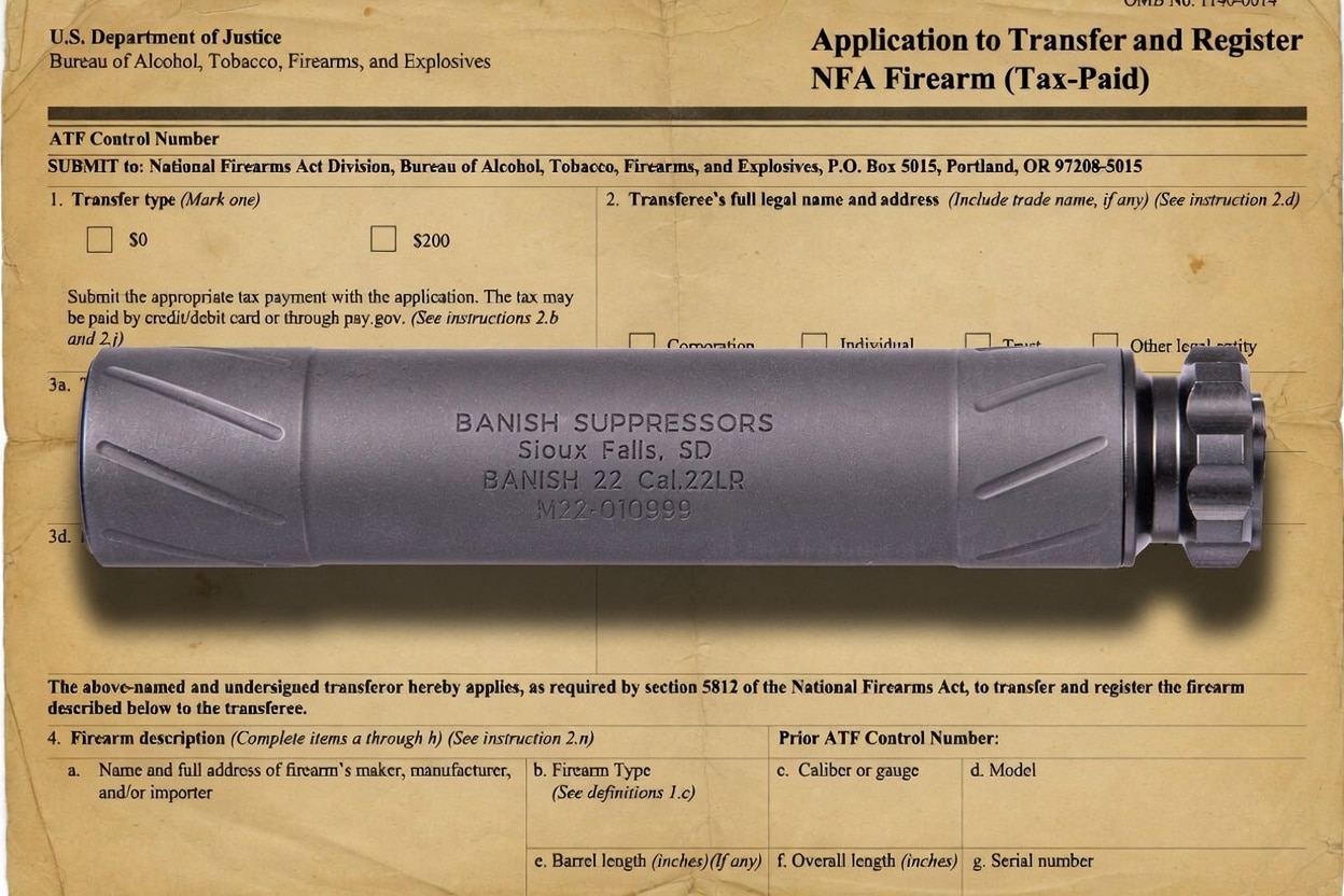 Gray suppressor lying atop a yellowed transfer form titled 'Application to Transfer and Register NFA Firearm (Tax-Paid)'; the canister is labeled 'BANISH SUPPRESSORS Sioux Falls, SD BANISH 22 Cal.22LR' with a knurled end cap visible on the right.