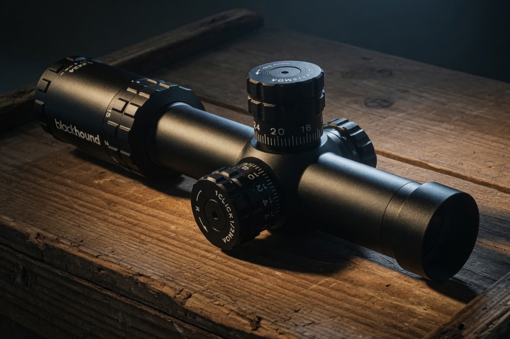Blackhawk rifle scope with dialed adjustment knobs resting on a weathered wooden surface.