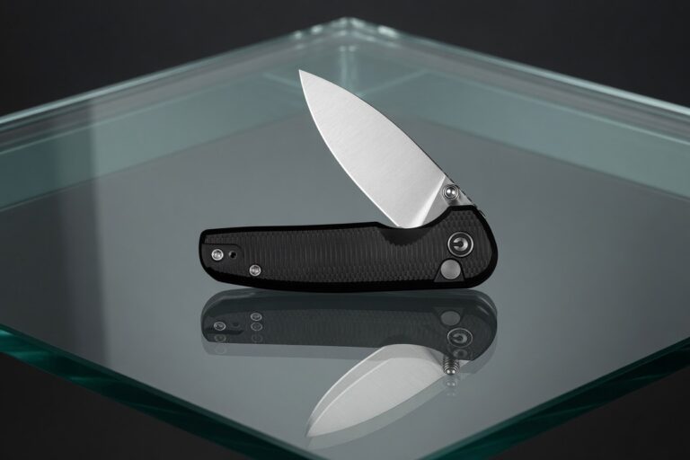 Folding pocket knife with a black textured handle and silver blade resting on a reflective glass surface.