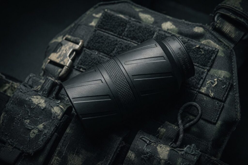 Black cylindrical monocular/scopic lens resting on a camouflage tactical vest.