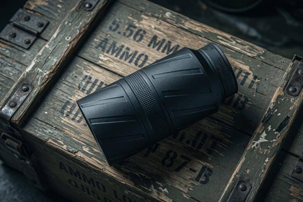 Black monocular scope resting on a weathered wooden ammo crate labeled AMMO/8-18.