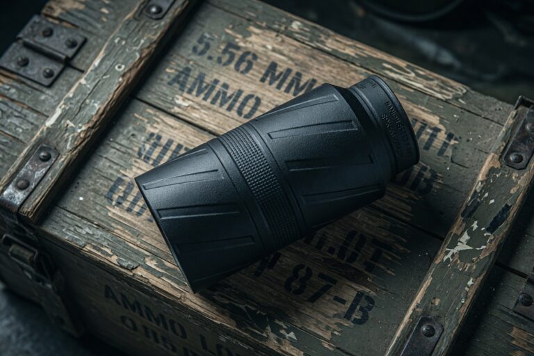 Black monocular scope resting on a weathered wooden ammo crate labeled AMMO/8-18.
