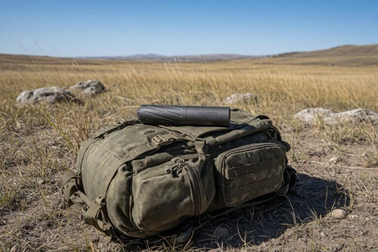 The BANISH VRMT 223 Ti titanium .22-caliber suppressor resting on an olive tactical pack in an open prairie, with prairie grass and distant hills behind it.