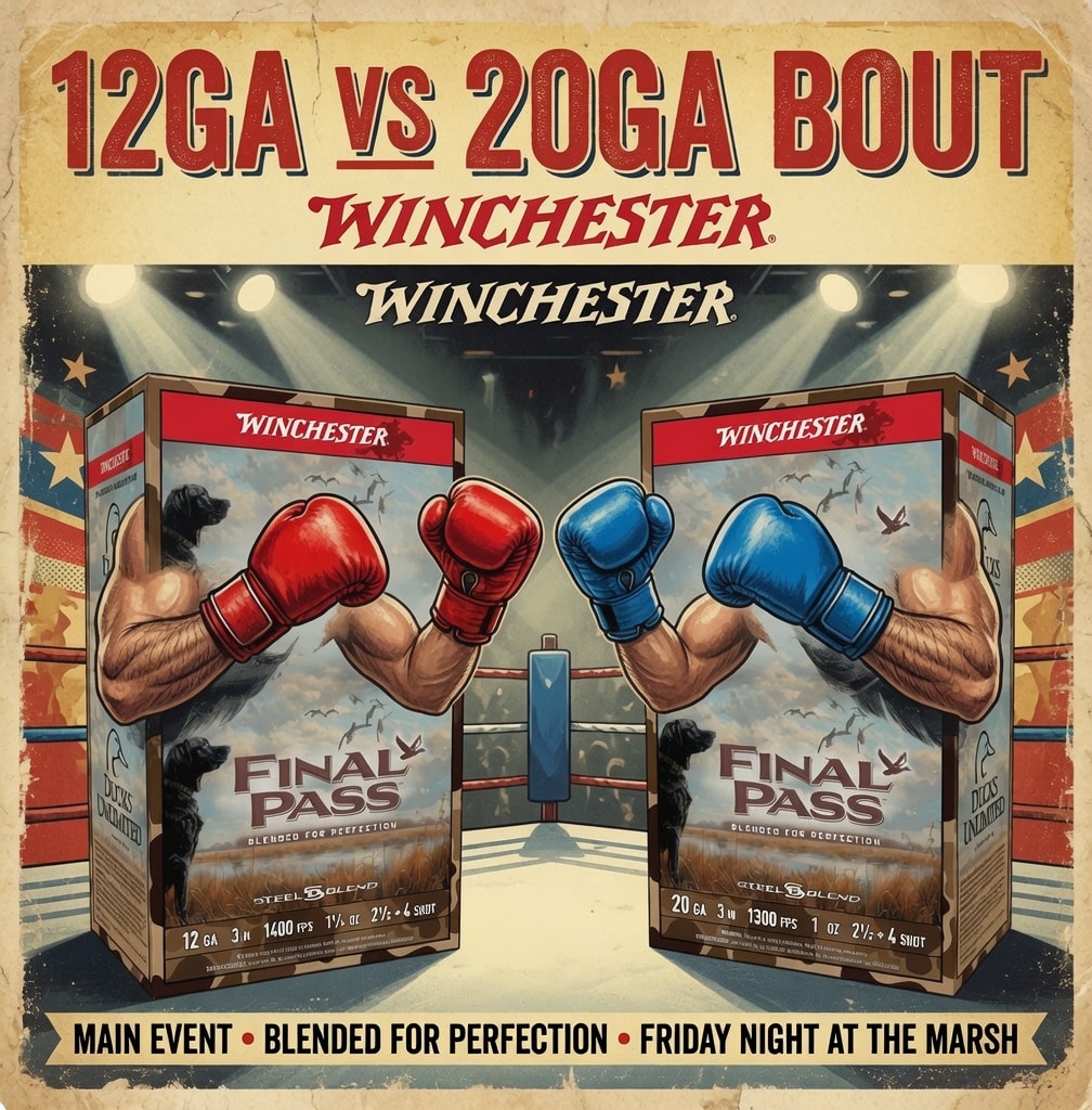 Vintage-style poster showing a boxing bout between 12GA and 20GA Winchester Final Pass shotgun shells, with red and blue gloves facing off inside a ring.