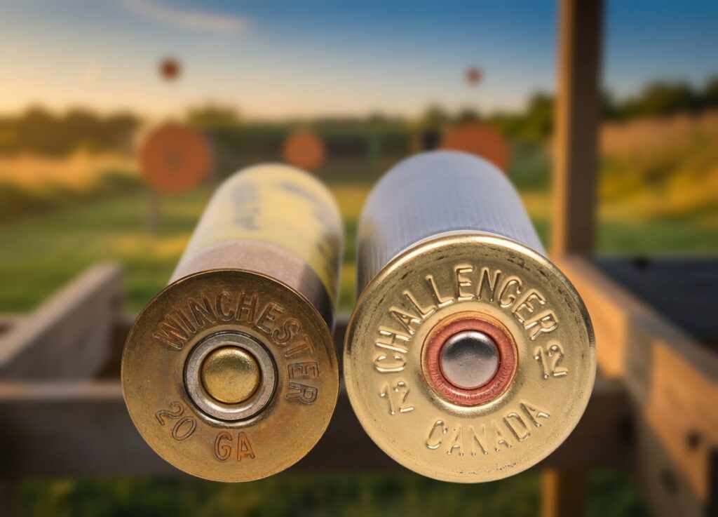 Two shotgun shells (20 gauge Winchester and 12 gauge Challenger, Canada) on a shooting range with targets blurred in the background.