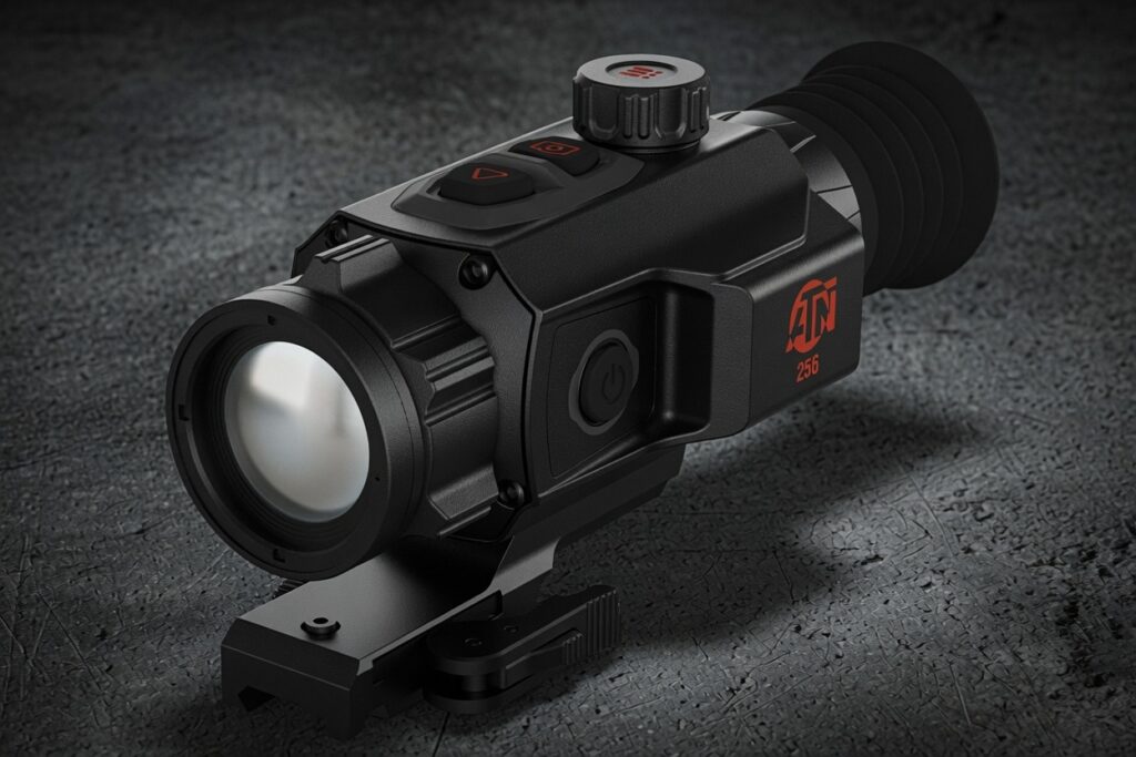 Black tactical rifle scope with large front lens, top dial, and side controls mounted on a rail system, resting on a textured surface.