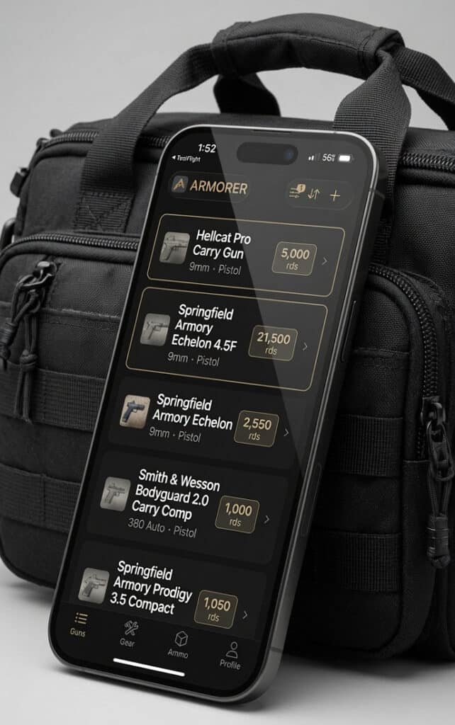 Smartphone on a black tactical bag showing the Armorer app with a list of pistols and ammo values like Hellcat Pro and Springfield Armory Echelon.