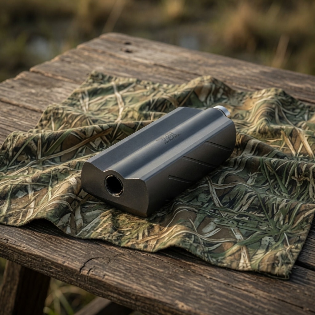 Black rectangular magazine-like device with a circular opening, resting on camo fabric on a wooden bench outdoors.
