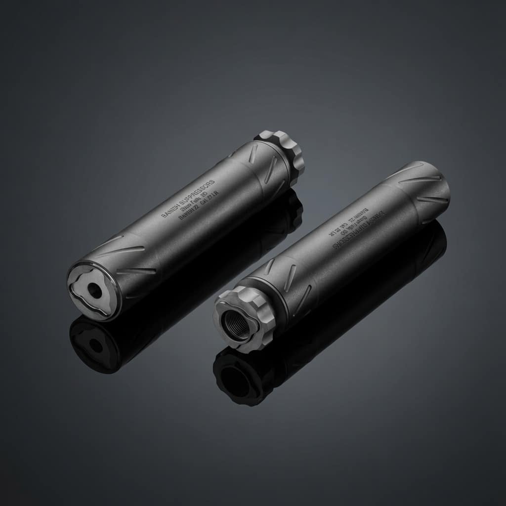 Pair of metallic firearm suppressors with knurled end caps on a reflective dark surface.