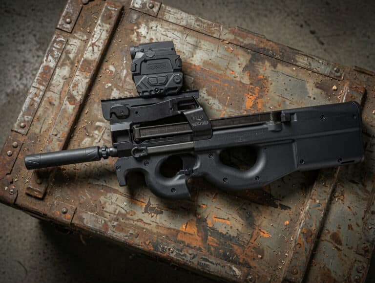 Black compact firearm with suppressor and holographic sight resting on a weathered metal case.