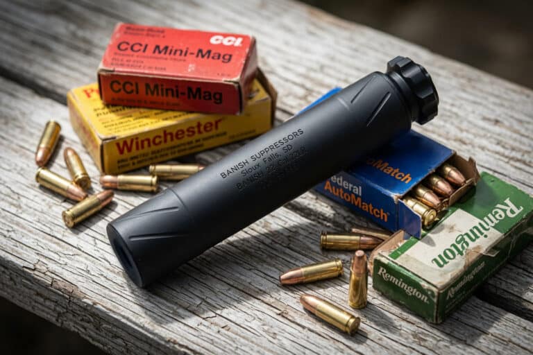 Black firearm suppressor on a weathered wood table, surrounded by ammo boxes and loose bullets.
