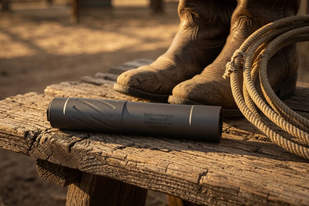 Black cylindrical suppressor resting on a weathered wooden bench beside dusty cowboy boots and coiled rope, in warm sunlight.