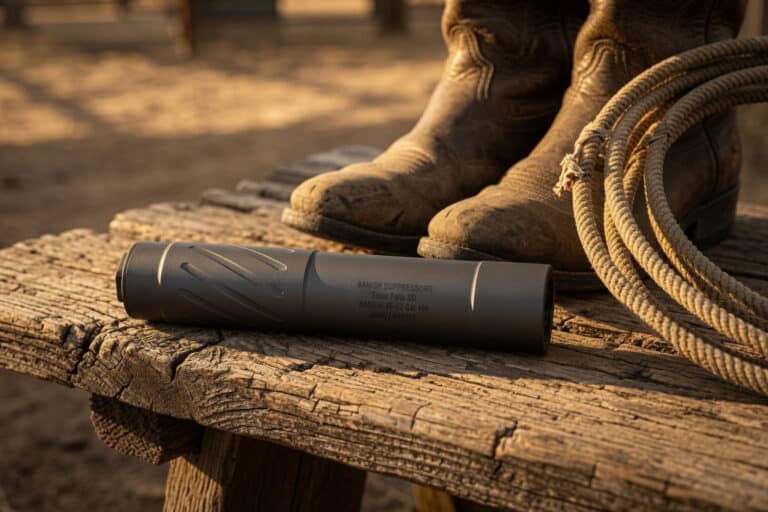 Black cylindrical suppressor resting on a weathered wooden bench beside dusty cowboy boots and coiled rope, in warm sunlight.