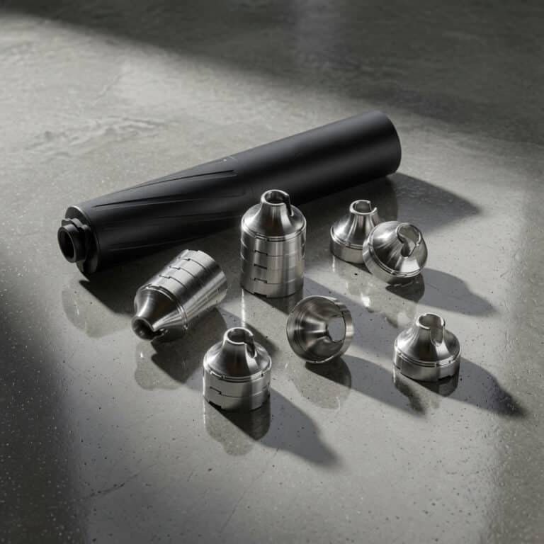 Black icing piping bag handle with assorted stainless steel decorating tips laid out on a reflective gray surface.