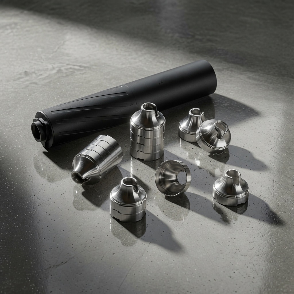 Black icing piping bag handle with assorted stainless steel decorating tips laid out on a reflective gray surface.