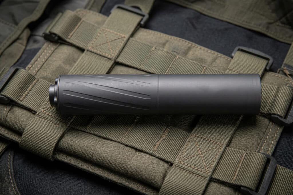 Black tactical flashlight lying on a green MOLLE-equipped tactical vest with straps and stitching edges.