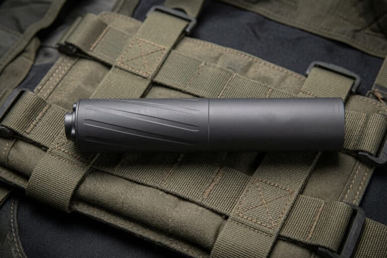 Black tactical flashlight lying on a green MOLLE-equipped tactical vest with straps and stitching edges.