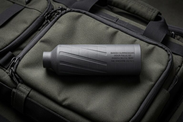 Gray tactical suppressor accessory resting on a green military-style backpack, with legible engraved text on the device.