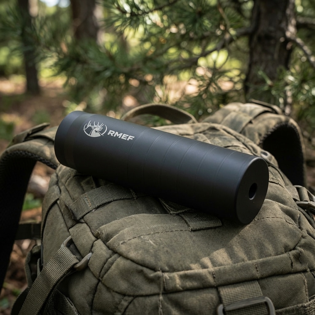 Black cylindrical water bottle with the RMEF logo resting on a green hiking backpack in a forest setting.