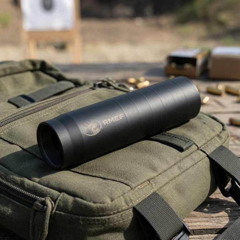 Black monocular resting on a green tactical backpack outdoors, with a shooting target in the background and bullets nearby.
