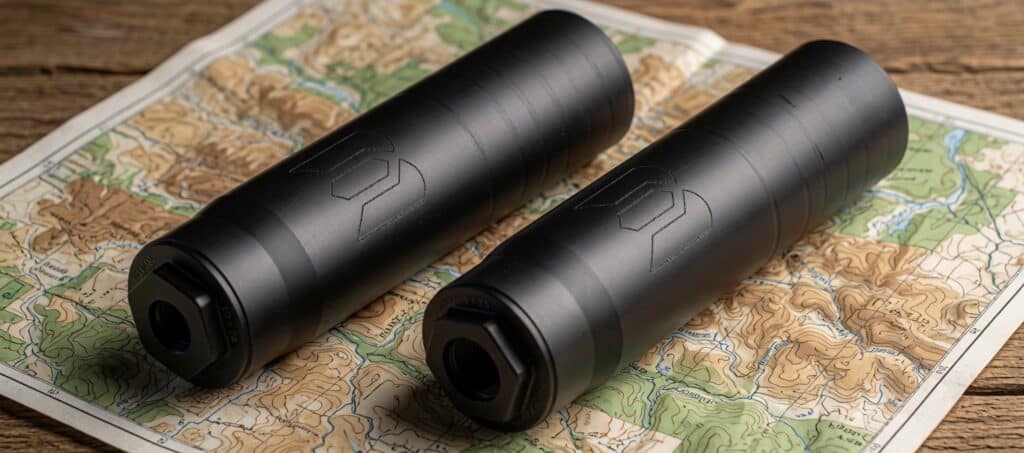 Two matte black rifle suppressors lying on a folded topographic map on a wooden surface