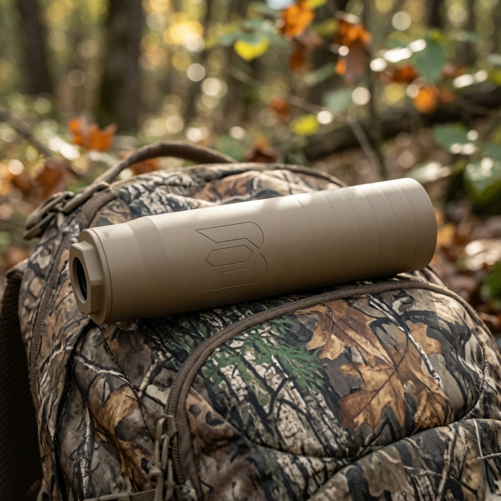 Olive-green insulated water bottle resting on a camouflage backpack in a sunlit forest.