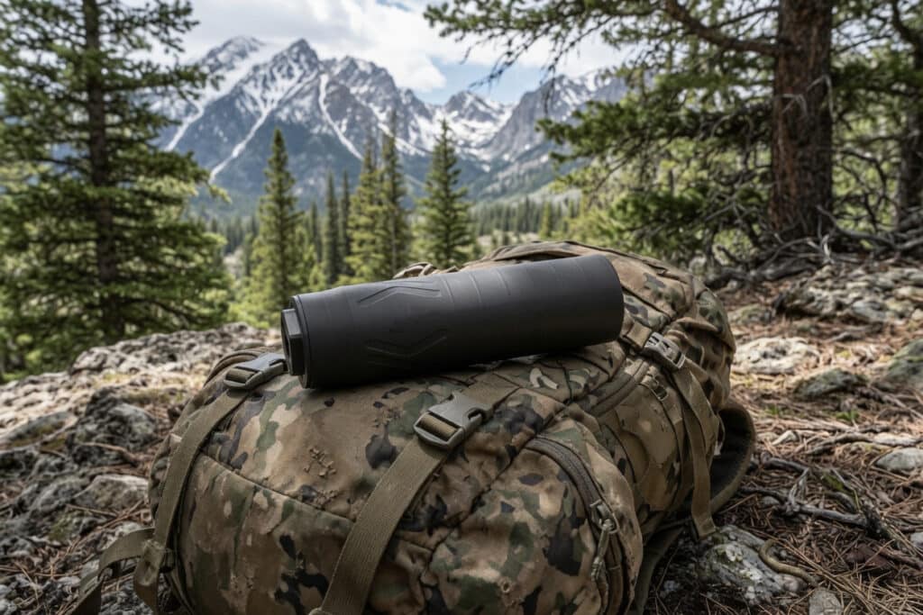 Camouflage hiking backpack with a black water bottle resting on top, on rocky forest ground with snow-capped mountains in the background.