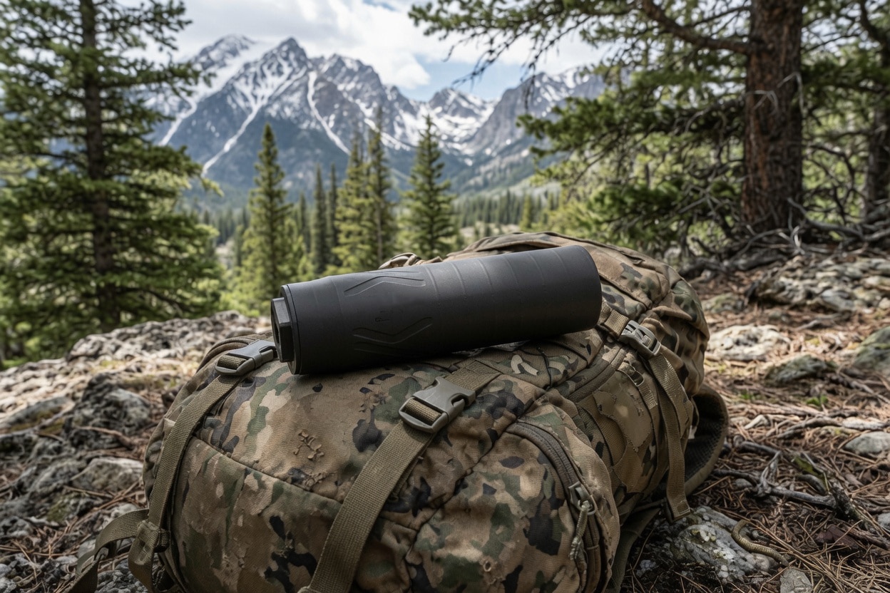 Camouflage hiking backpack with a black water bottle resting on top, on rocky forest ground with snow-capped mountains in the background.