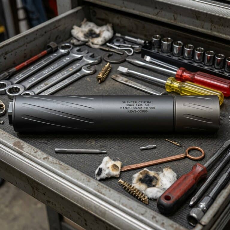 A large cylindrical silencer or muffler lying on a metal toolbox surrounded by wrenches, screwdrivers and rags in a workshop.