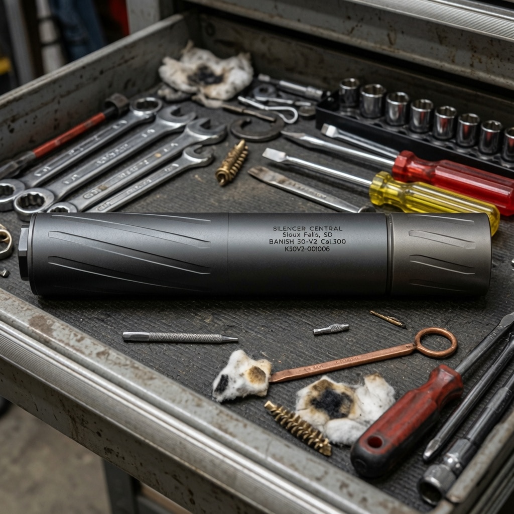 A large cylindrical silencer or muffler lying on a metal toolbox surrounded by wrenches, screwdrivers and rags in a workshop.